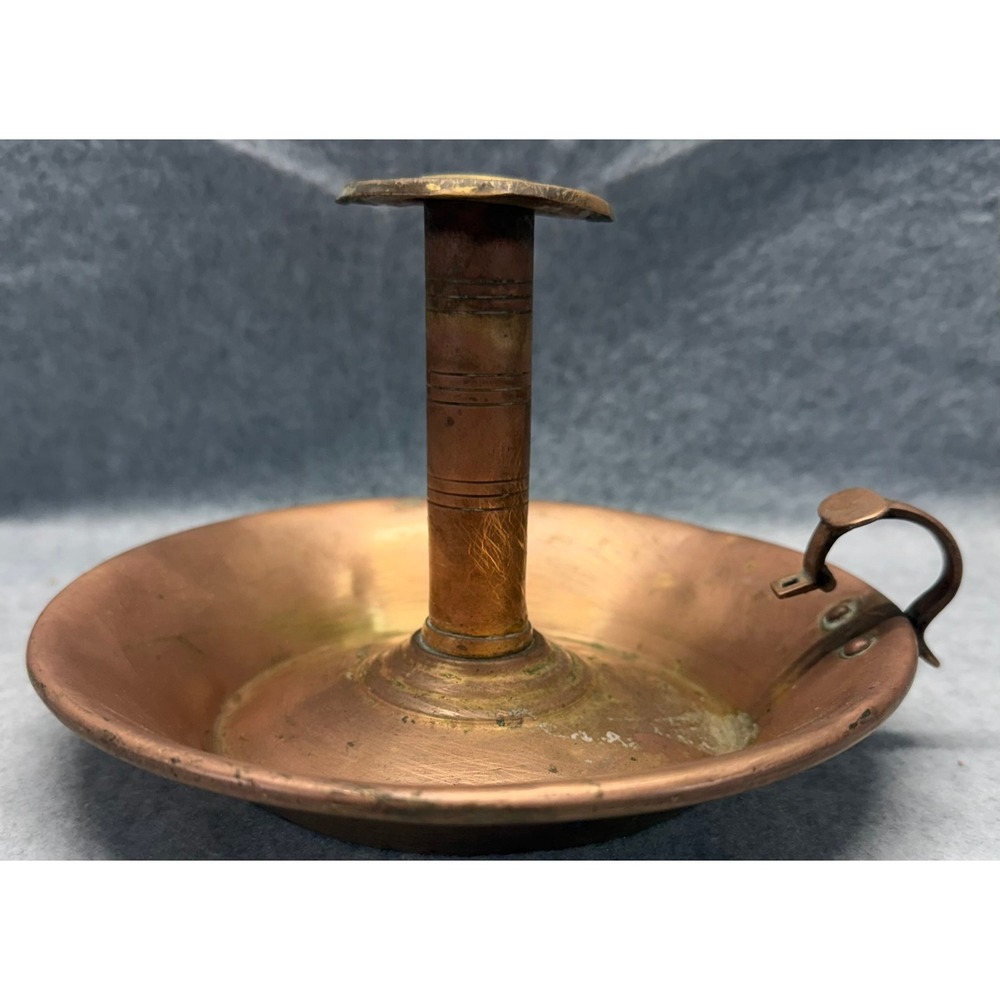 Antique Copper Chamberstick Candle Holder with Push Up Mechanism and Finger Loop - Picture 4 of 13